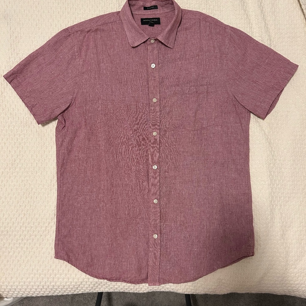Banana Republic Men's Red Short Sleeve Linen/Cotton Blend Slim Fit Button Up